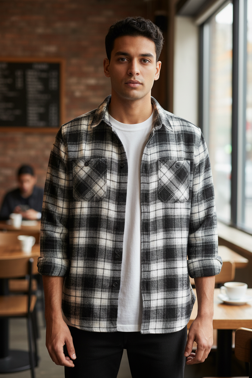 Black & White Plaid Flannel Button-Up Shirt