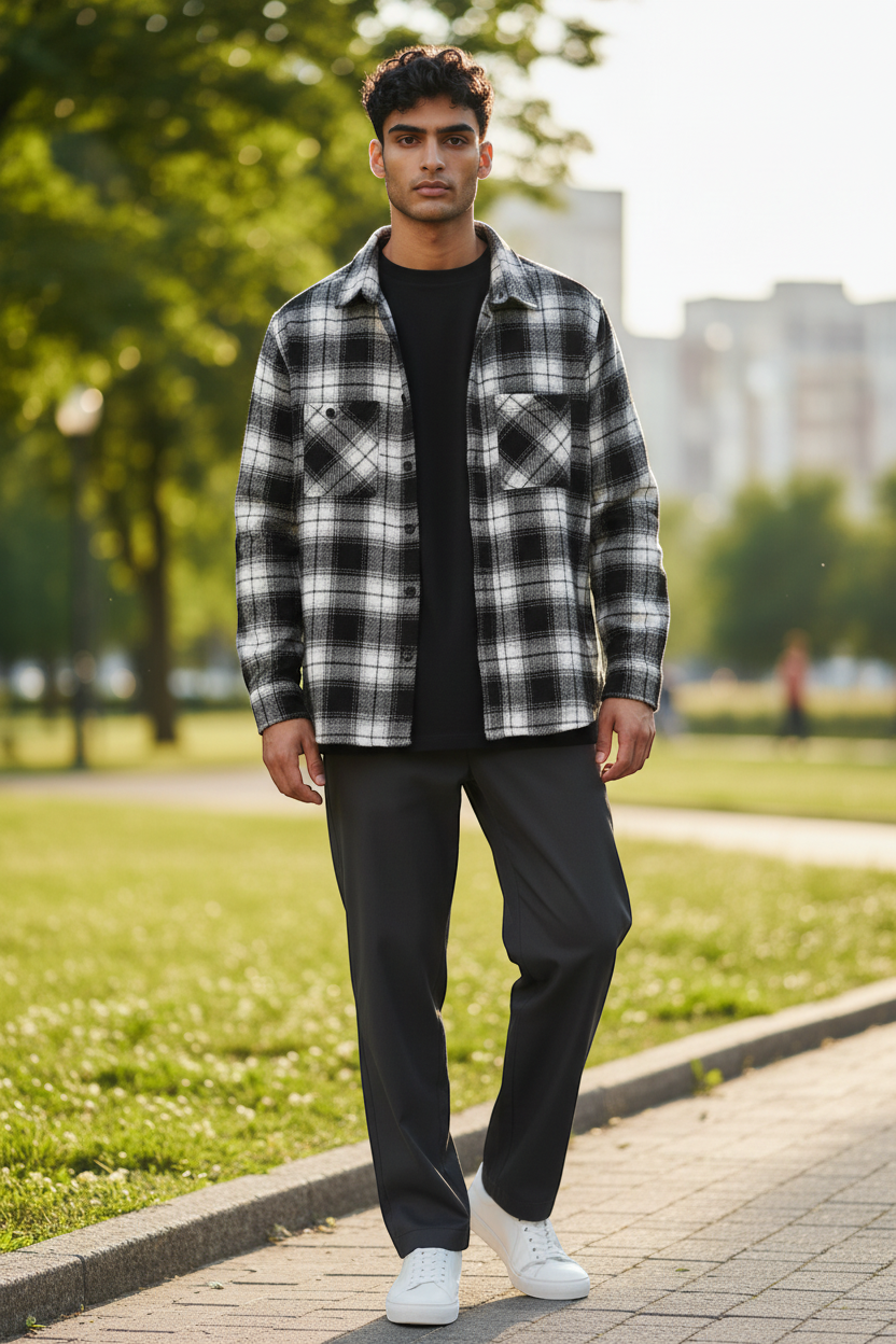 Black & White Plaid Flannel Button-Up Shirt