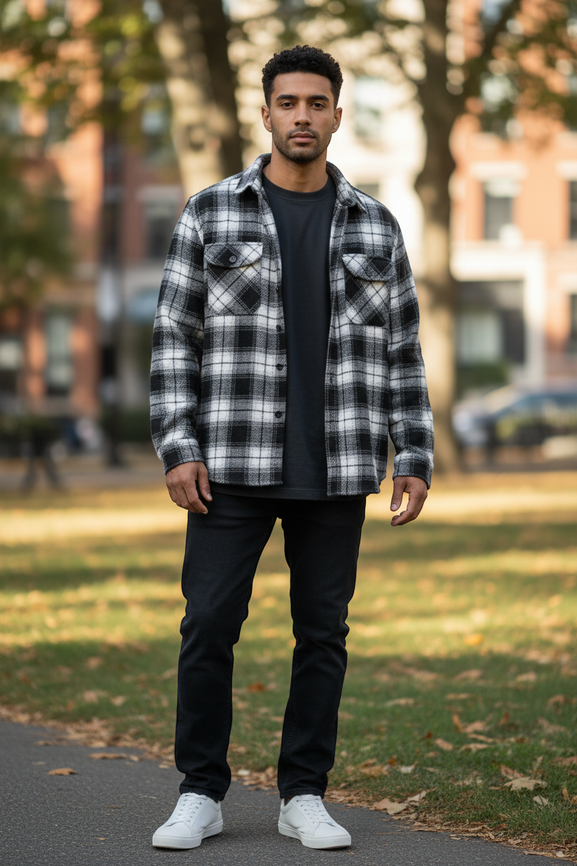 Black & White Plaid Flannel Button-Up Shirt