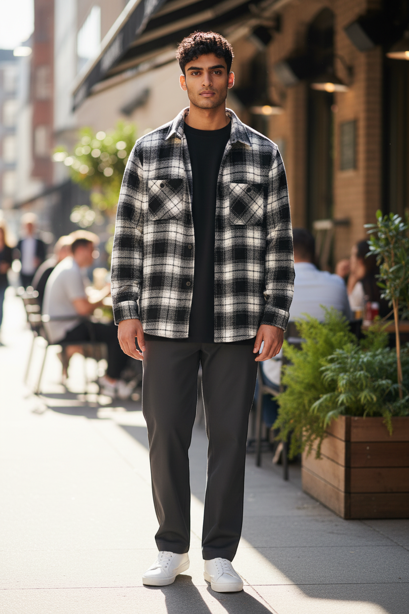 Black & White Plaid Flannel Button-Up Shirt