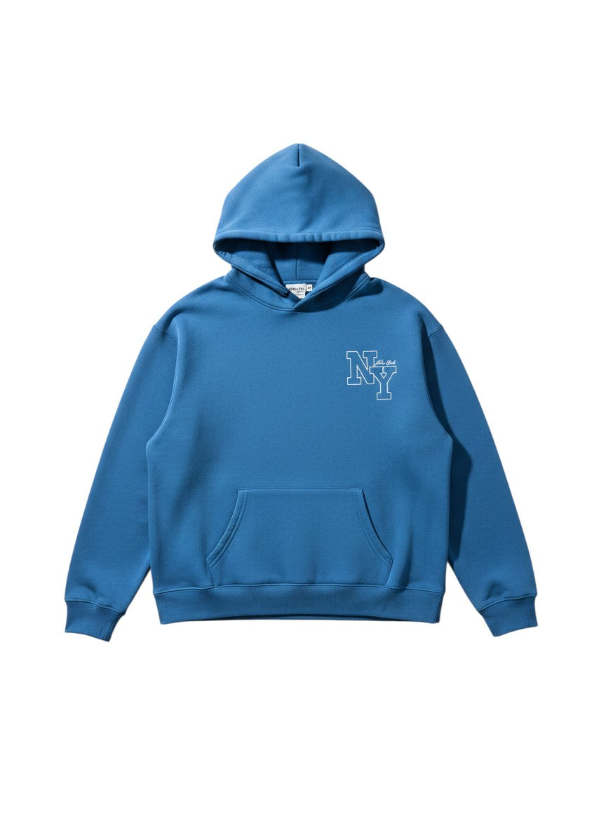 Thingy blue cotton hoodie with NY New York graphic print and front pocket. Casual men's streetwear.