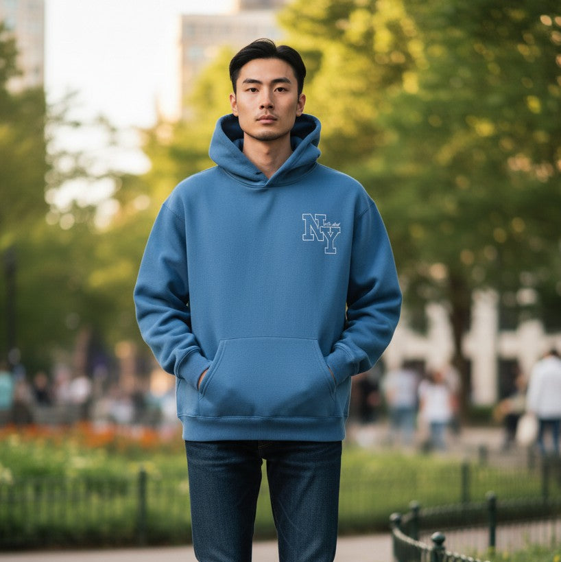 Thingy blue cotton hoodie with NY logo graphic on chest and front pocket.