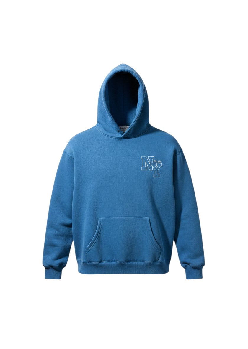 Thingy blue cotton hoodie with NY graphic on chest and front pocket.