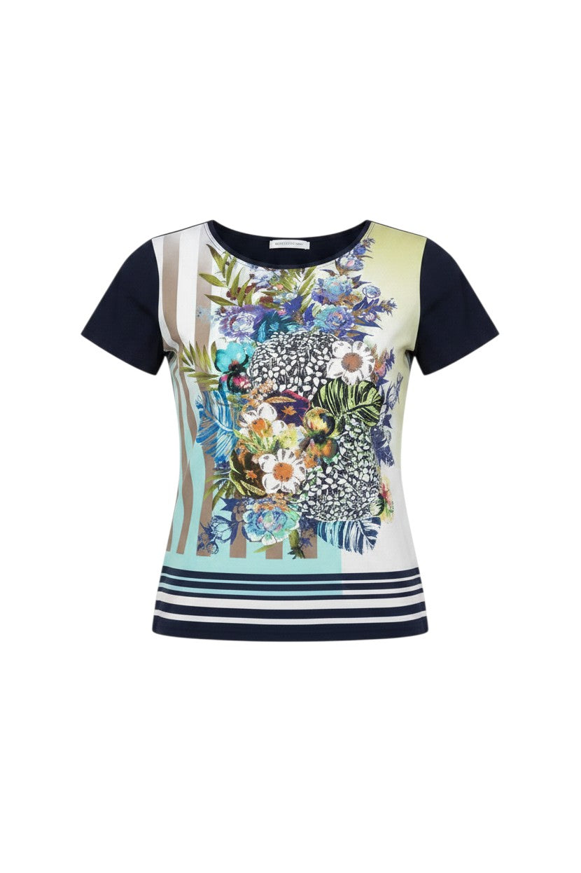 Thingy navy blue short sleeve t-shirt with a vibrant floral print on the front and striped panels on the sides.