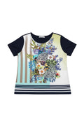Thingy men's short-sleeve t-shirt with a bold floral print on the front and striped panels on the sides.