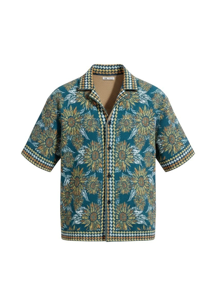 Thingy men's short-sleeve button-up shirt in teal with a sunflower print and checkered collar and cuffs.