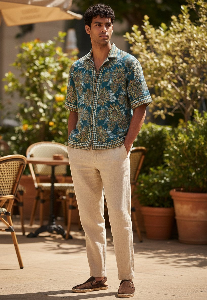 Thingy men's short-sleeve button-up shirt in teal with a sunflower pattern and checkered collar.