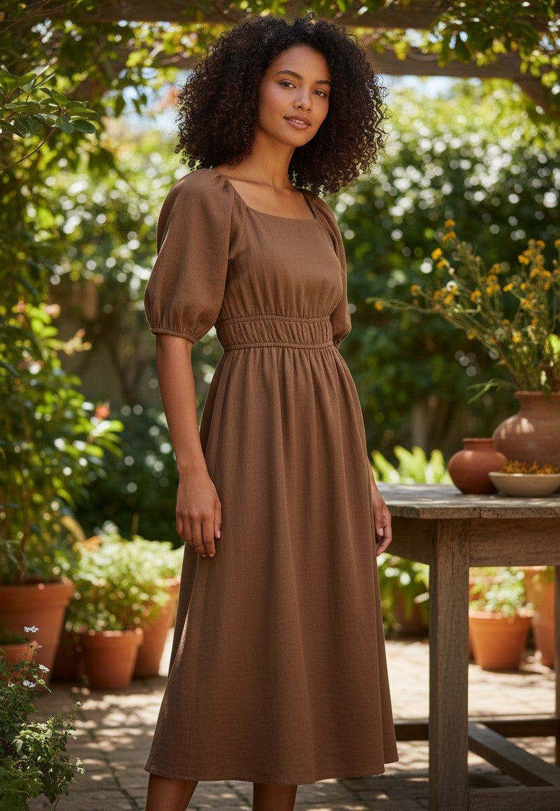 ThingyHere brown linen blend midi dress with square neckline, puff sleeves, and elasticated waist