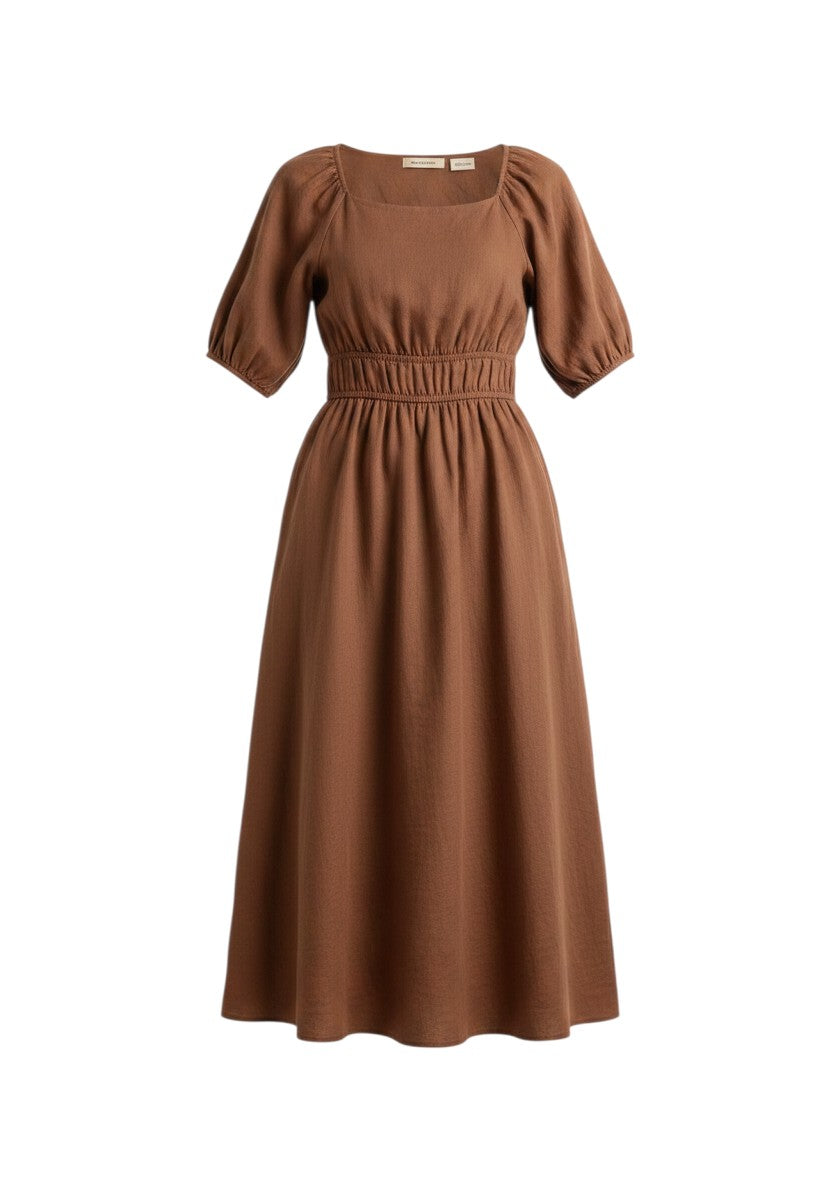 ThingyHere brown linen blend midi dress with square neckline, cinched waist, and puff sleeves.