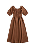 ThingyHere brown linen blend midi dress with square neckline, cinched waist, and puff sleeves.